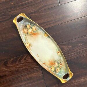 Antique Hand Painted Floral Gold Trimmed Porcelain Serving Tray Dresser Tray 16"